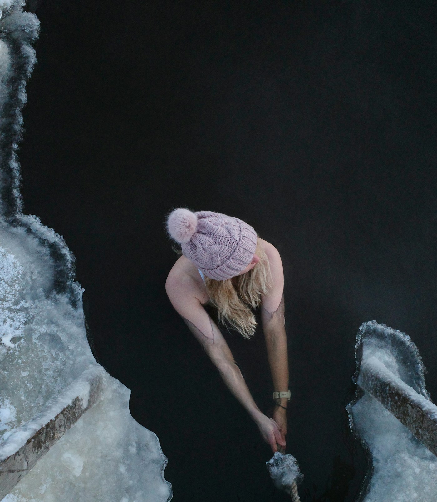 Cold plunge in icy water