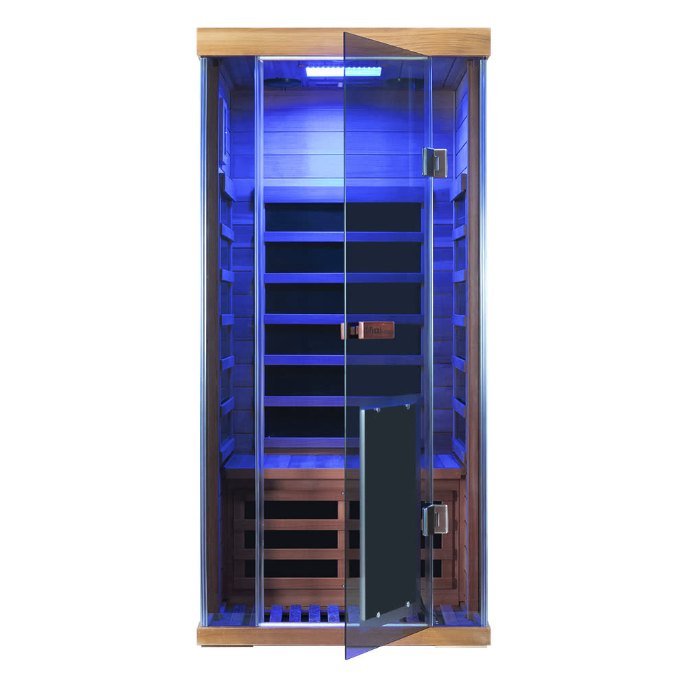 The Solo 1-person full-glass infrared sauna, Canadian Red Cedar