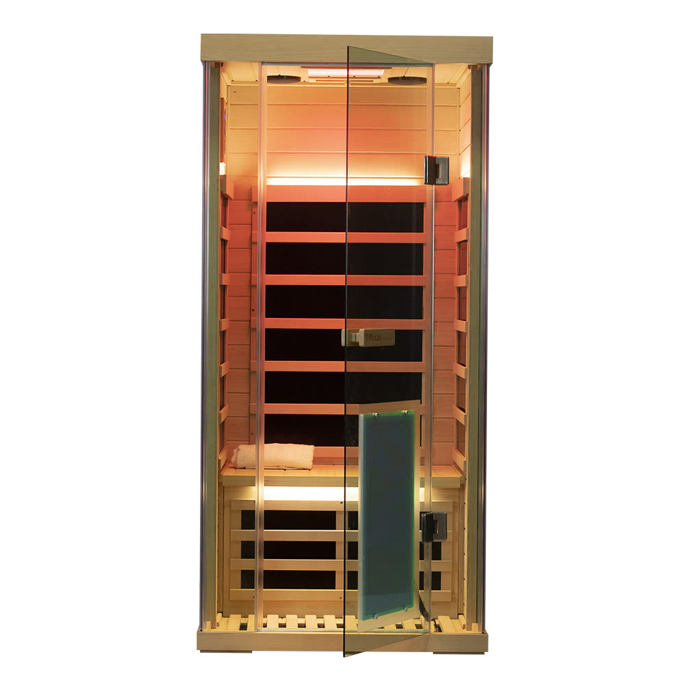 The Solo 1-person full-glass infrared sauna, Canadian Hemlock